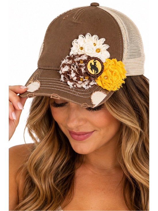 Wyoming Accessories - Wyoming brown & gold Western Boho Trucker Hat